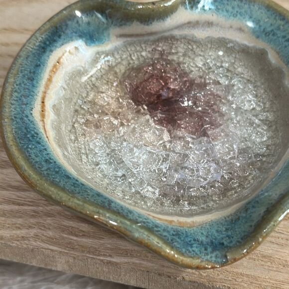 Stoneware Crackle Glass Pottery Catch All Vintage Trinket Jewelry Ring Dish - Picture 6 of 17